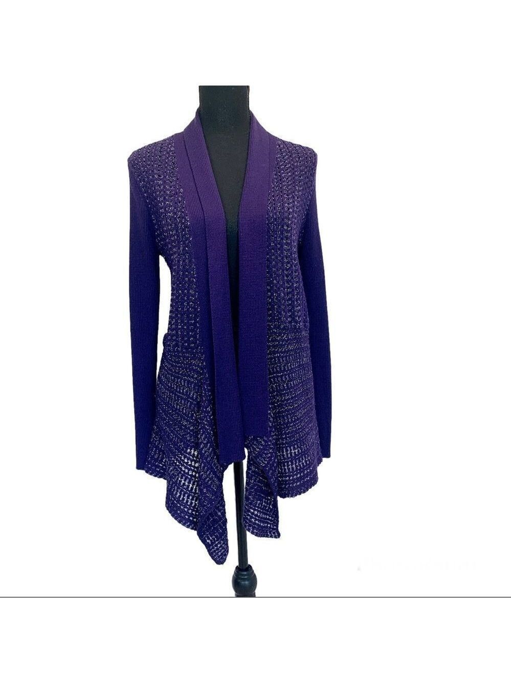 JONES New York purple metallic glitter open Front asymmetrical knit cardigan S